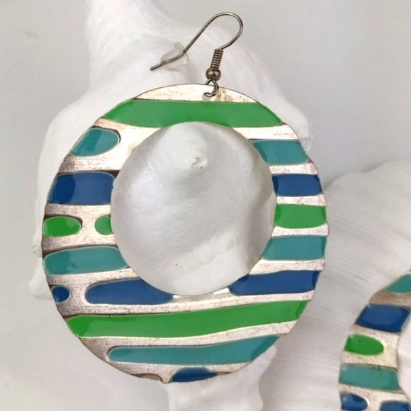 ♥️Bundle Only♥️ Vintage Style Enameled Blue & Green Hoop Disc Drop Earrings - Picture 2 of 7